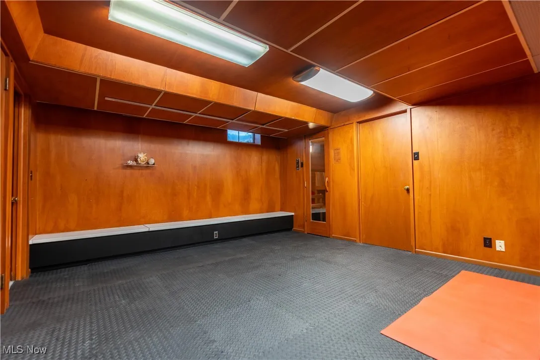 Finished basement with a baseboard radiator, carpet floors, and wood walls