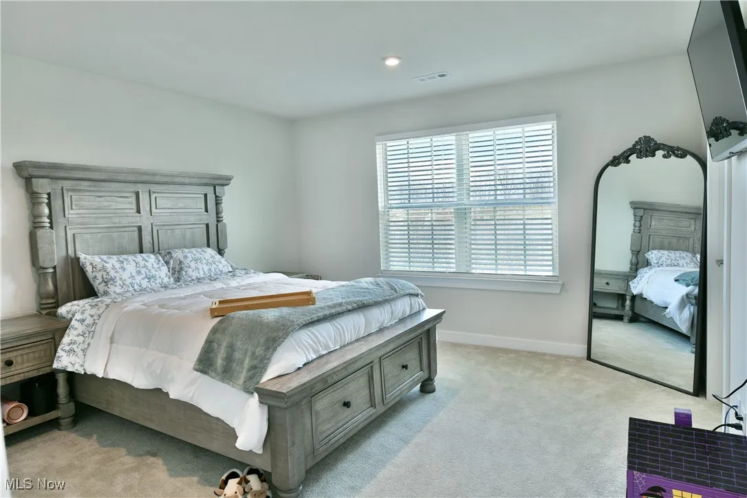 Bedroom with baseboards, visible vents, and light colored carpet