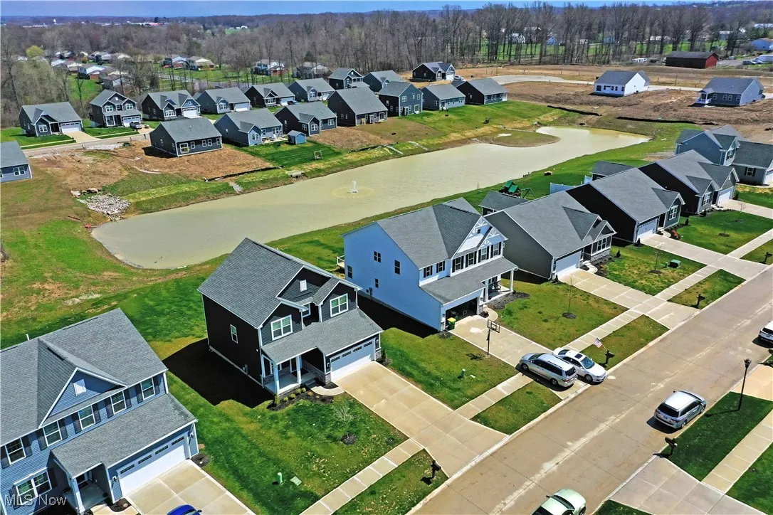 Birds eye view of property featuring a water view and a residential view