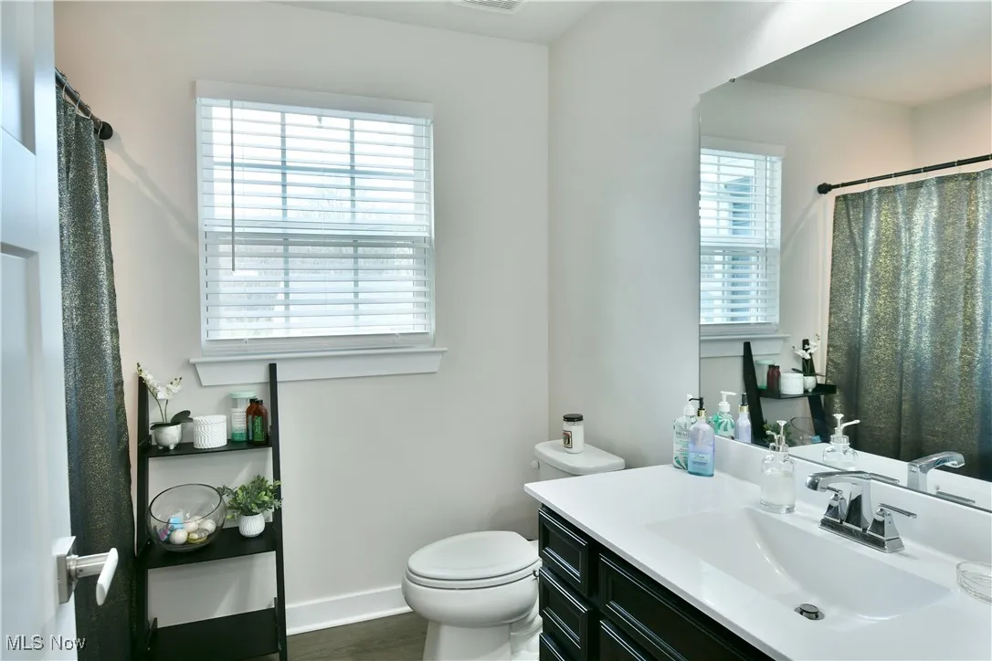 Second full bathroom featuring toilet, vanity, wood finished floors, and plenty of natural light