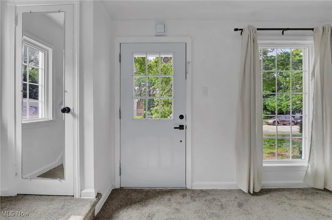 Entryway to front featuring carpet flooring, healthy amount of natural light, and baseboards