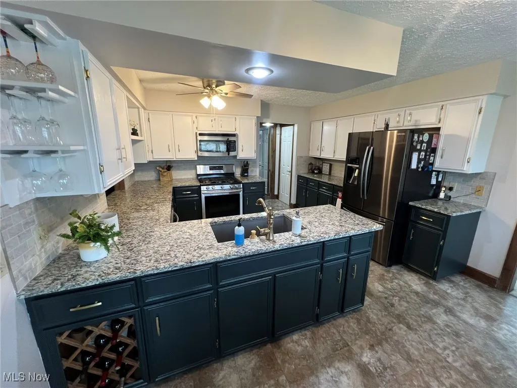 Kitchen with stainless steel appliances, a peninsula, a sink, tasteful backsplash, and ceiling fan
