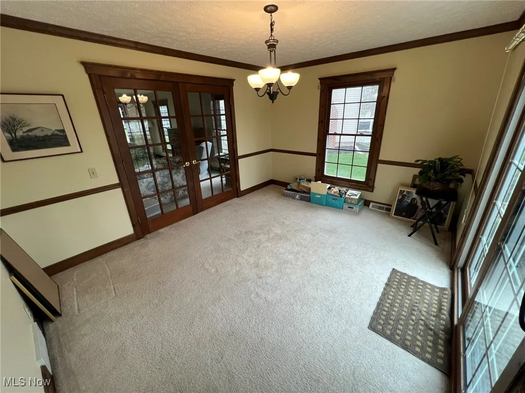Unfurnished dining area featuring carpet, ornamental molding, french doors, baseboards, and a textured ceiling