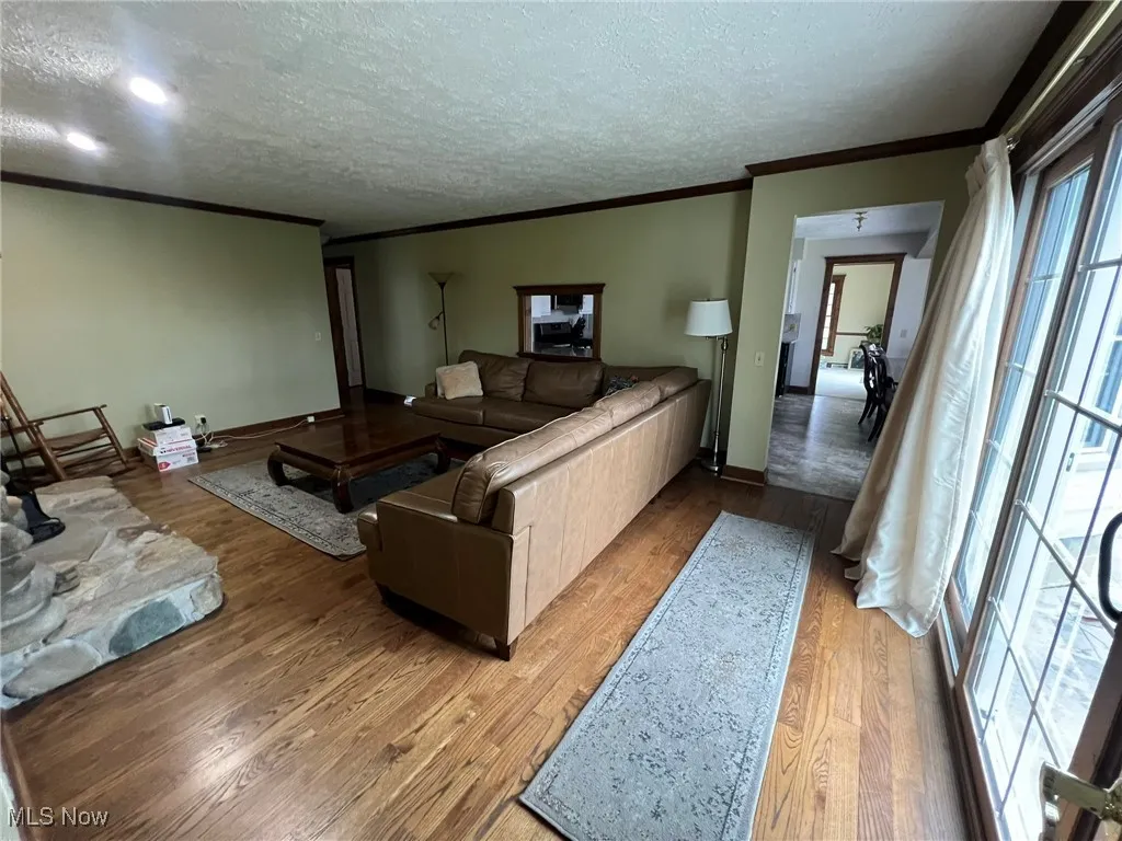 Living area featuring baseboards, wood finished floors, a textured ceiling, and crown molding
