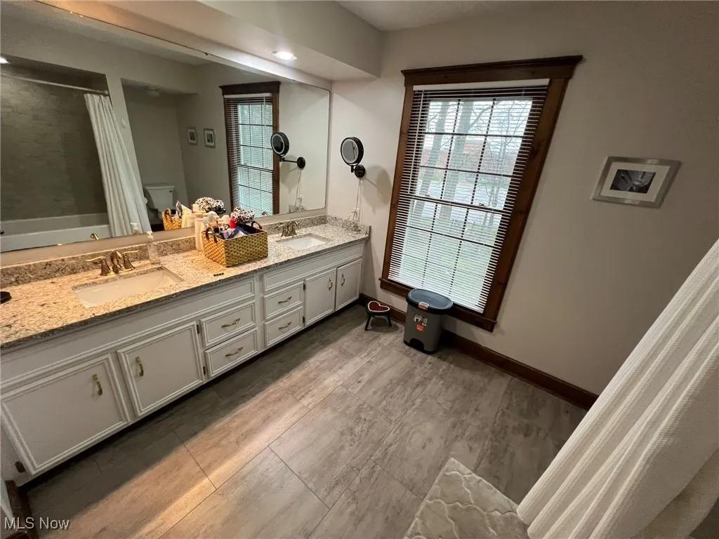 Full bathroom with baseboards, toilet, a sink, and double vanity