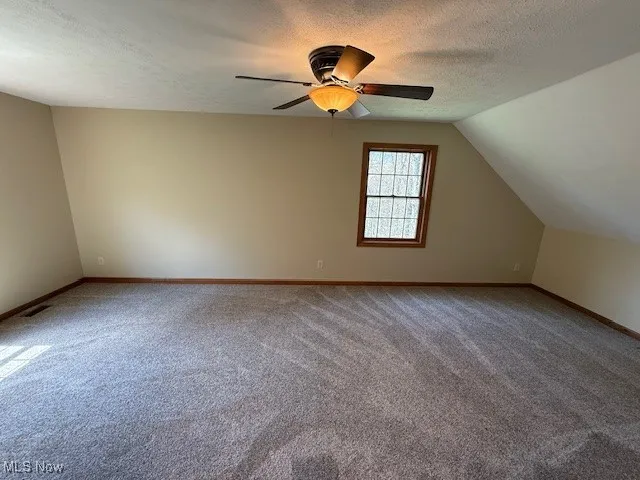 Additional living space with visible vents, baseboards, a ceiling fan, and carpet flooring