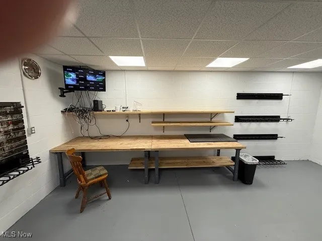 Basement featuring concrete block wall, a workshop area, and a drop ceiling
