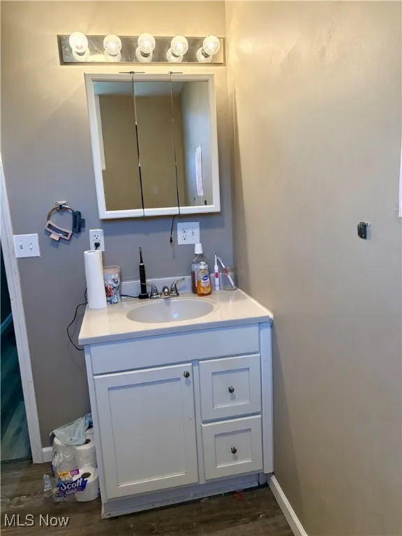 Bathroom featuring baseboards, wood finished floors, and vanity