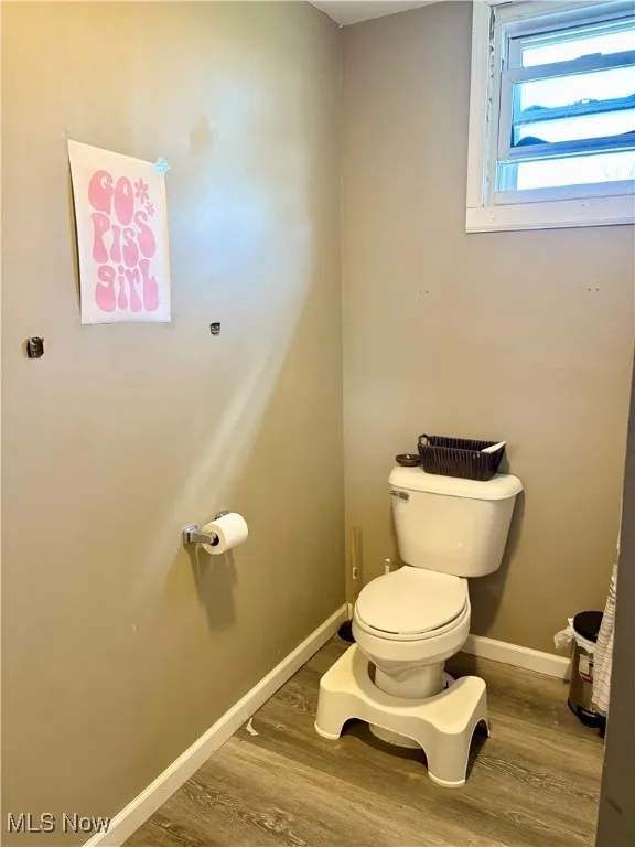 Bathroom with baseboards, wood finished floors, and toilet