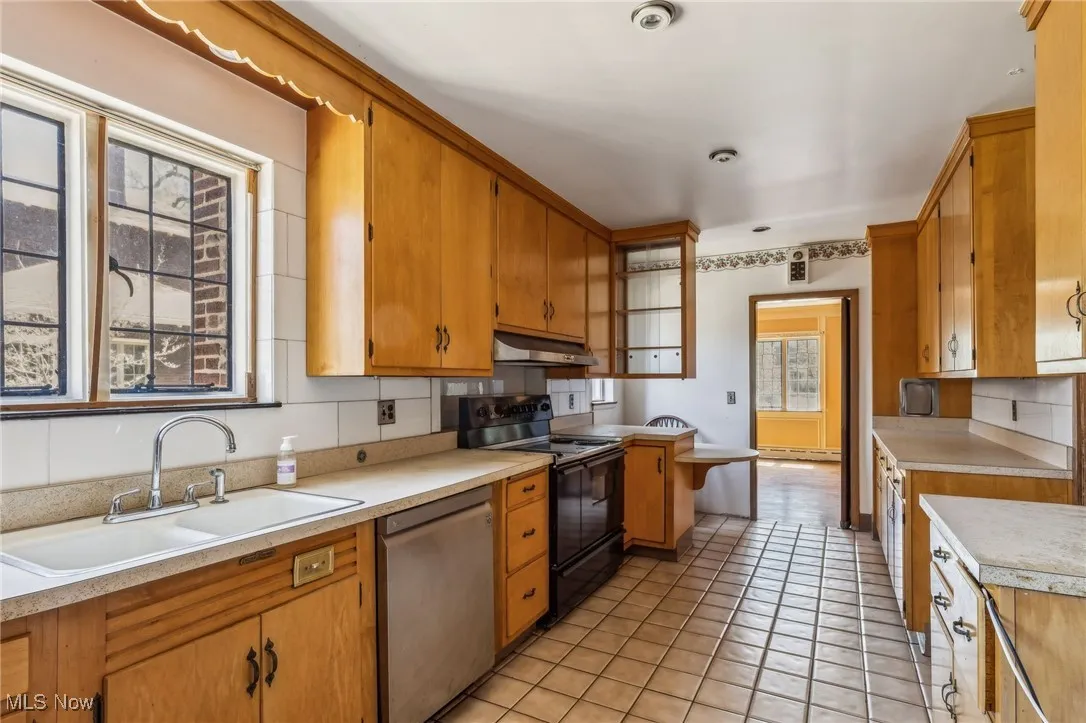 Kitchen featuring stainless steel dishwasher, a sink, black / electric stove, light countertops, and under cabinet range hood