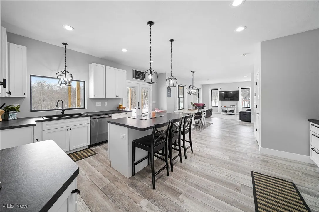 Kitchen with dark countertops, dishwasher, a sink, and recessed lighting