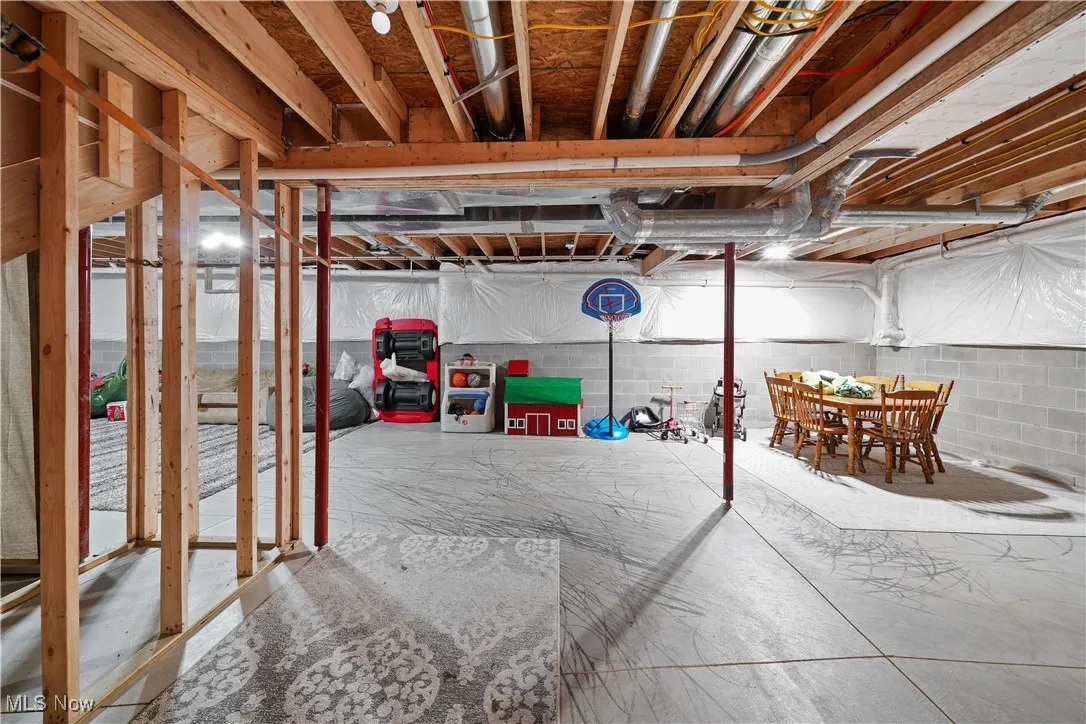 Unfinished basement with concrete block wall