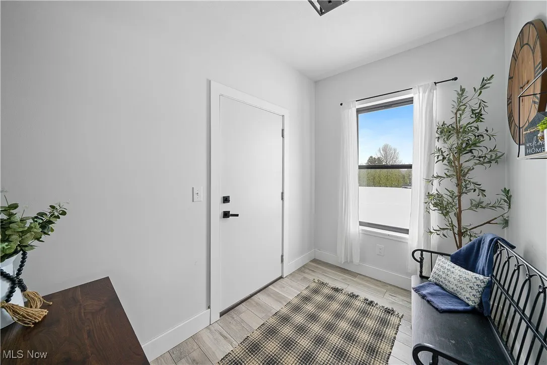 Foyer with baseboards and light wood-style flooring