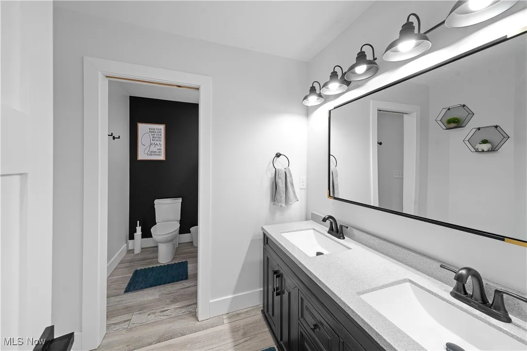 Bathroom with baseboards, wood finished floors, a sink, and double vanity