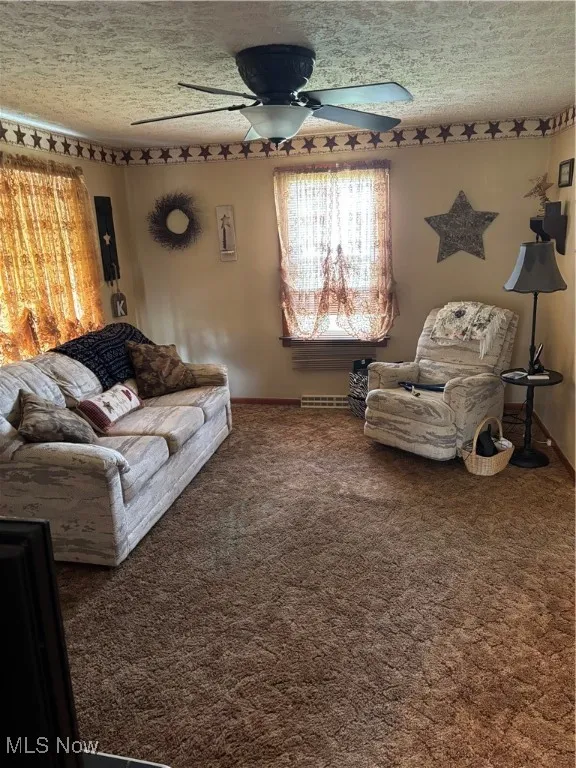 Living room carpet flooring, a ceiling fan.