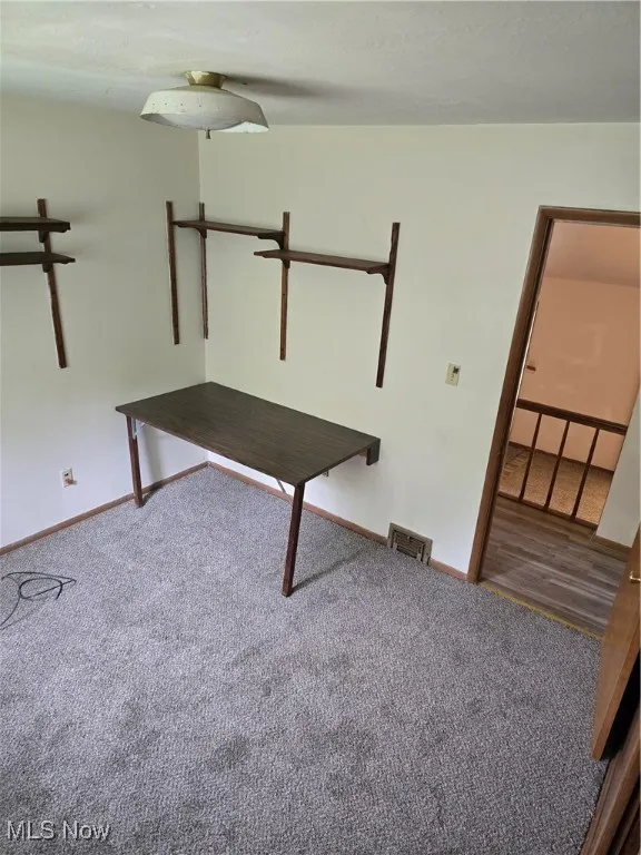 Carpeted empty room featuring baseboards and baseboard heating
