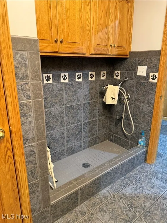 Full bathroom featuring a shower stall and tile patterned floors