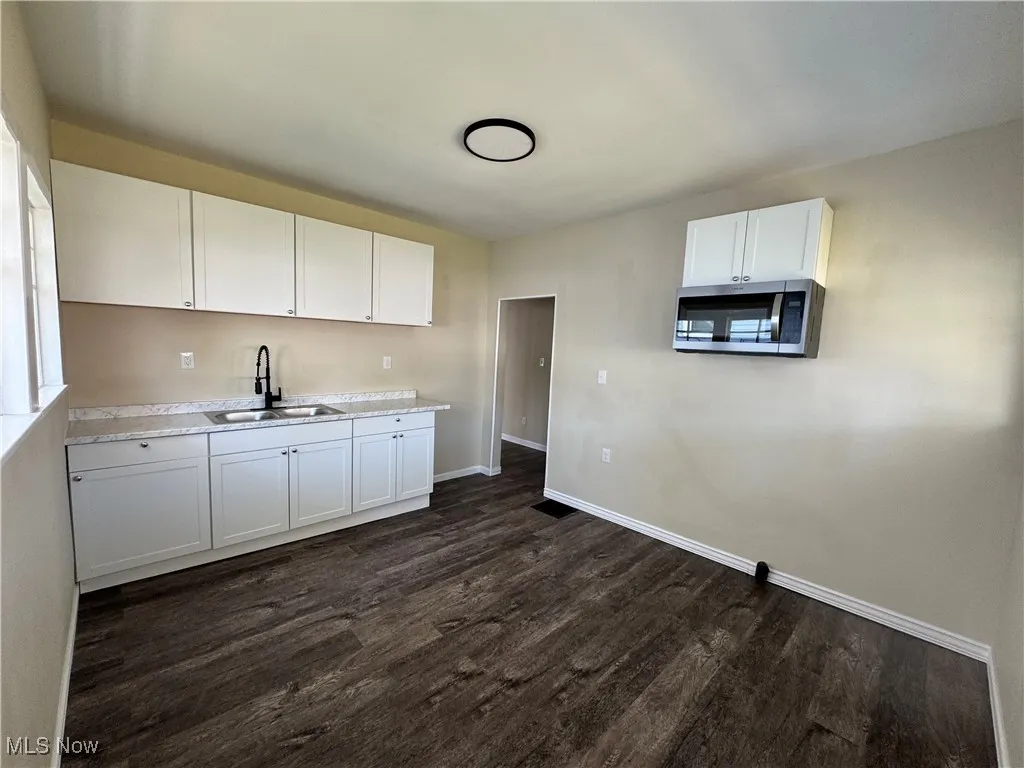 Kitchen featuring stainless steel microwave, dark wood-style flooring, a sink, and light countertops