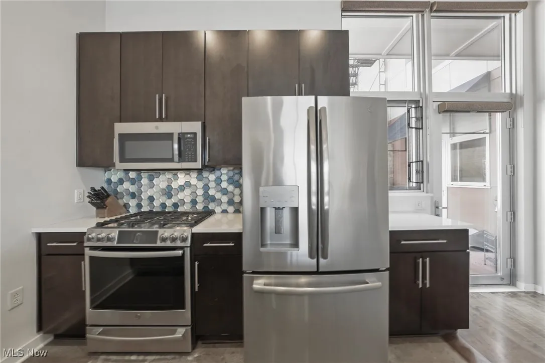 Kitchen with plenty of natural light, dark brown cabinetry, and stainless steel appliances