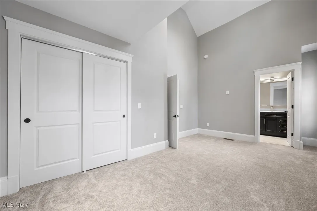 Owner's suite with  light colored carpet, baseboards, a closet, and high vaulted ceiling