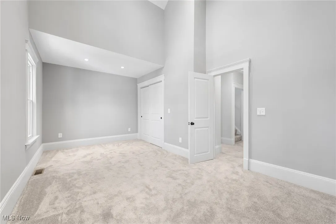  Owner's suite with carpet, a towering ceiling, and baseboards
