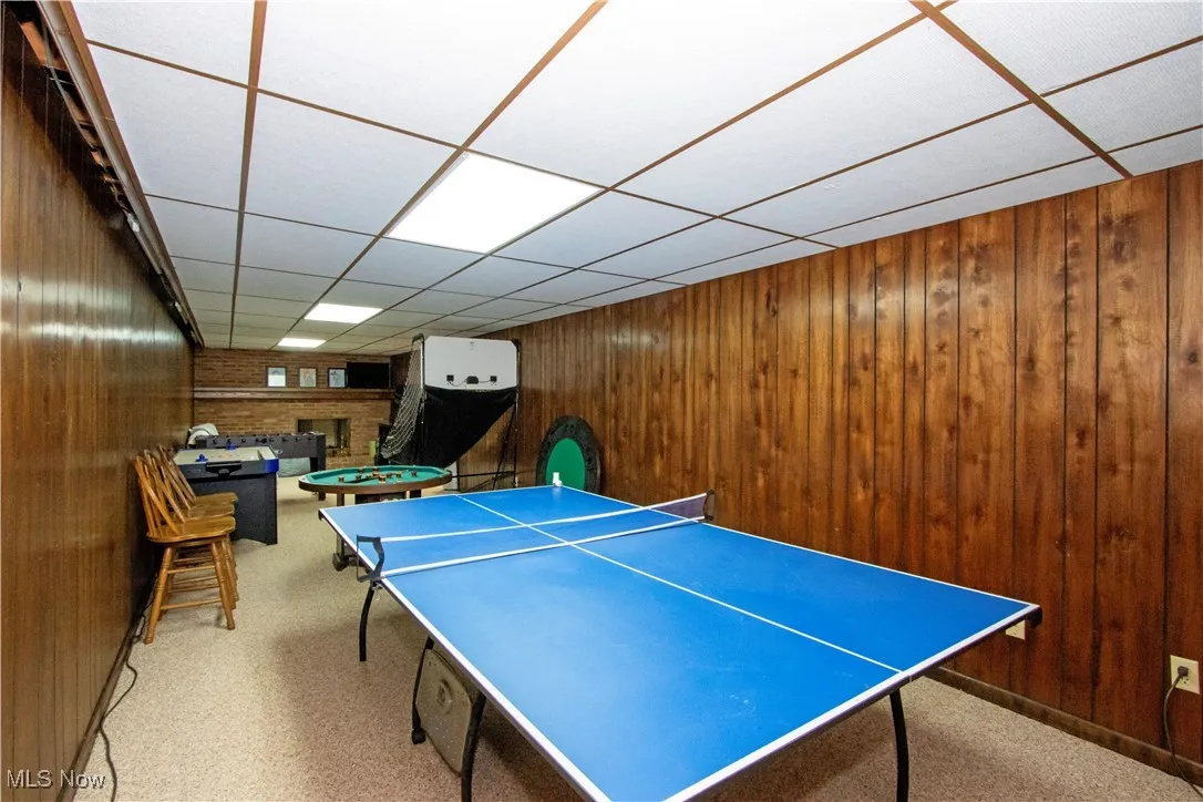 Rec room featuring wood walls and a paneled ceiling