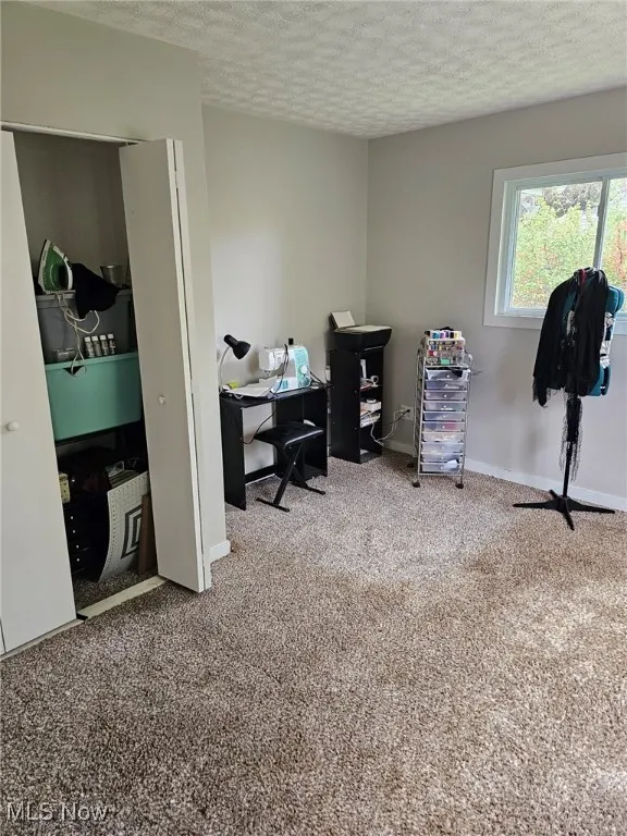 Carpeted office space with a textured ceiling and baseboards