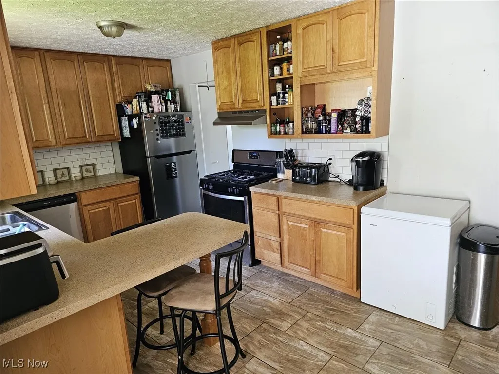 Kitchen featuring open shelves, appliances with stainless steel finishes, backsplash, and under cabinet range hood