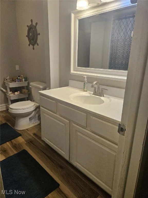 Bathroom featuring vanity, wood finished floors, and toilet