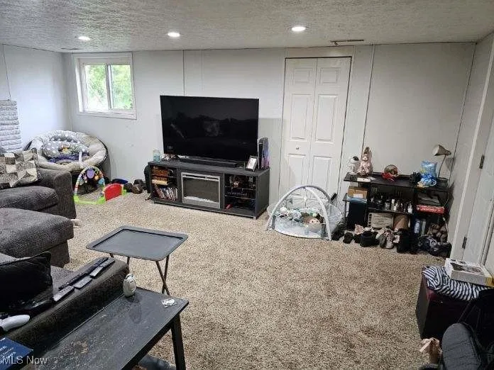 Carpeted living room featuring recessed lighting and a textured ceiling