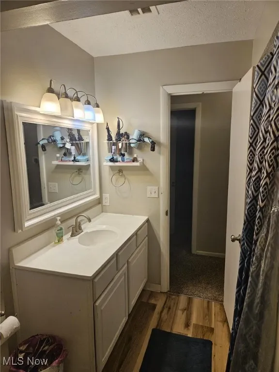 Bathroom with a textured ceiling, visible vents, wood finished floors, and vanity