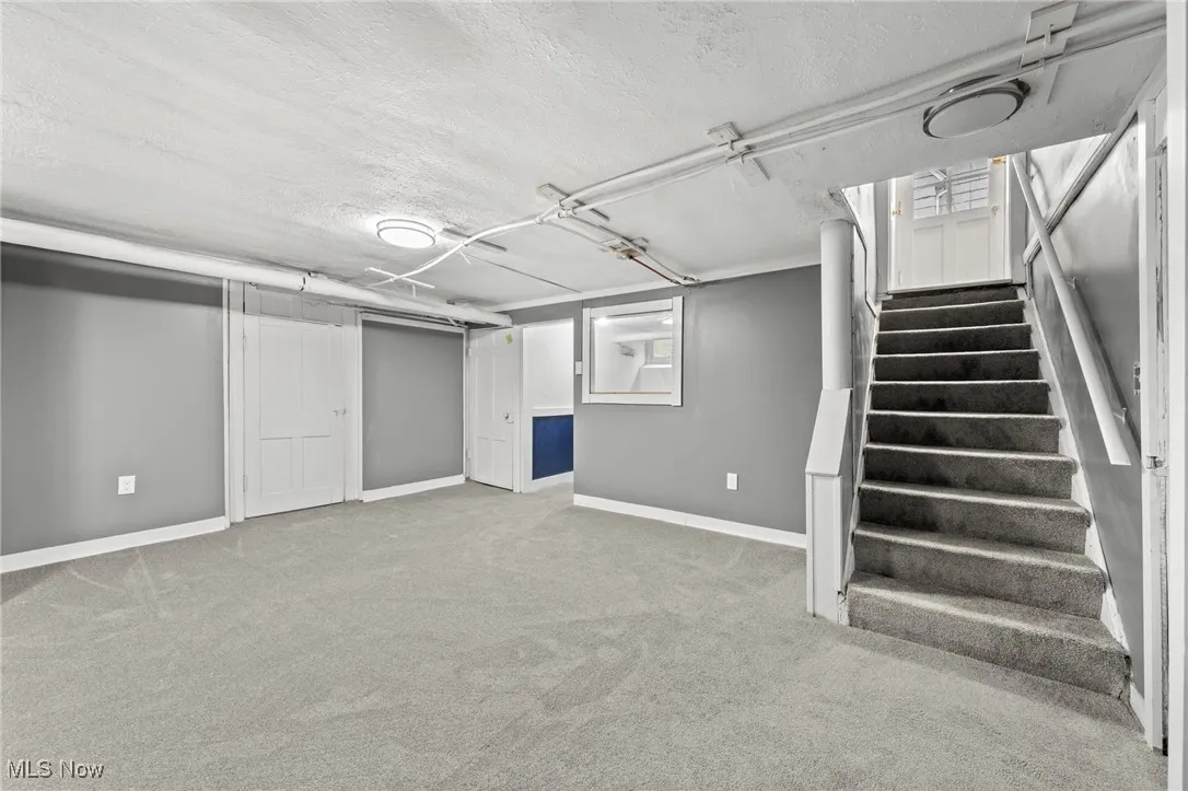 Basement with carpet floors and a textured ceiling