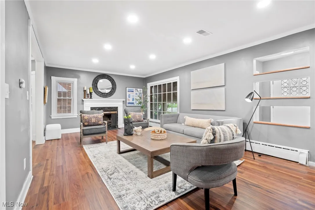 Living room featuring a baseboard radiator, crown molding, a fireplace, and wood-type flooring