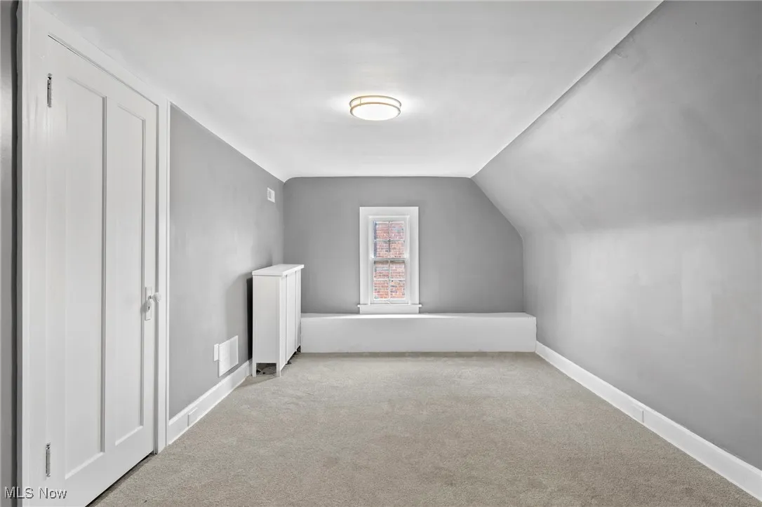 Additional living space featuring light carpet and vaulted ceiling