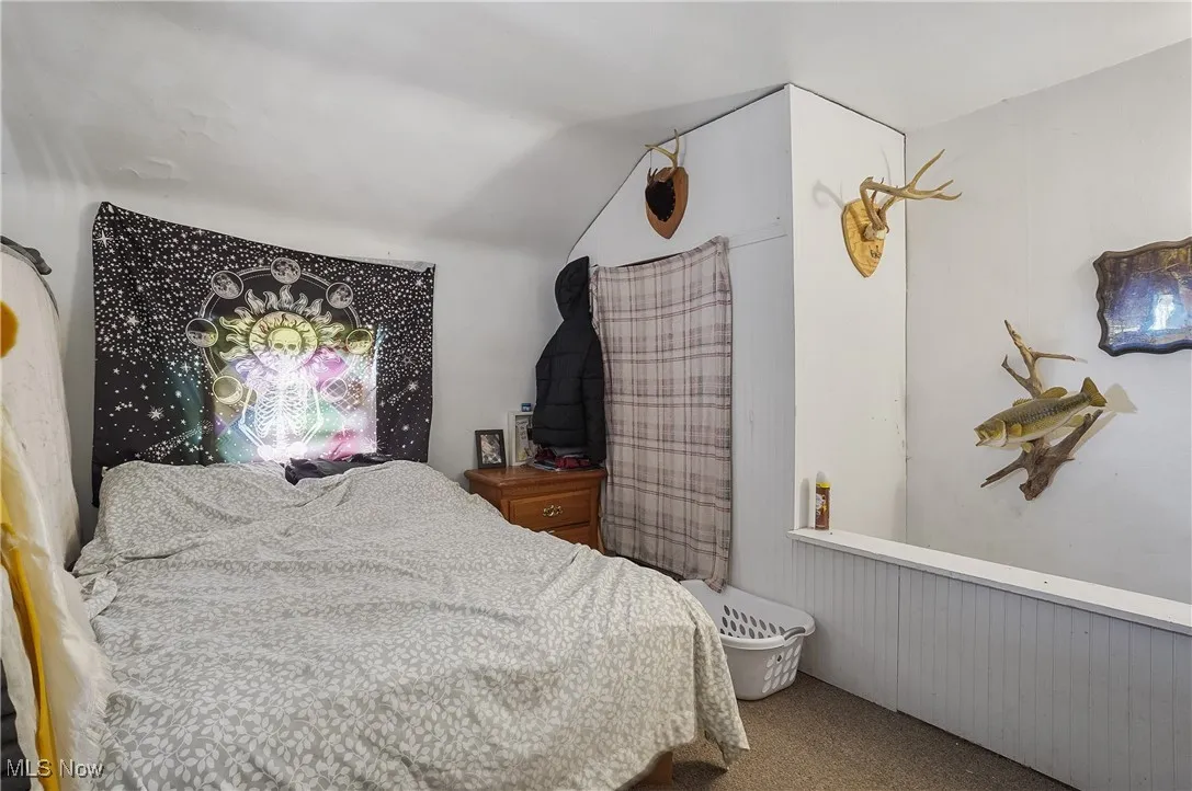 Bedroom featuring carpet and vaulted ceiling