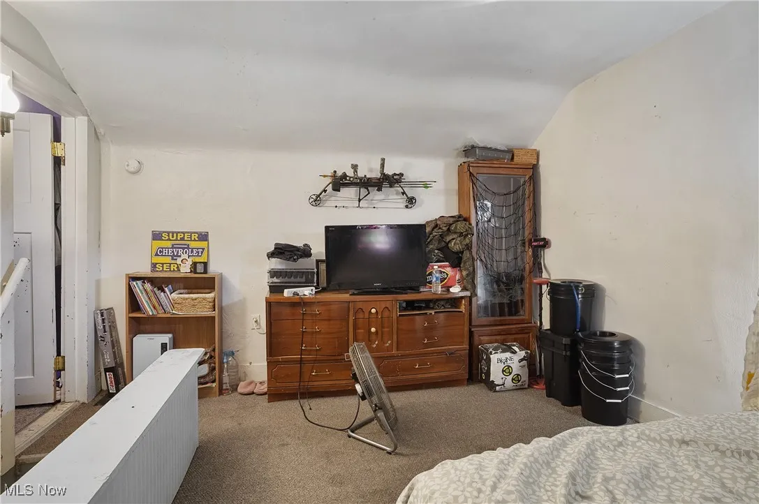 Carpeted bedroom featuring vaulted ceiling