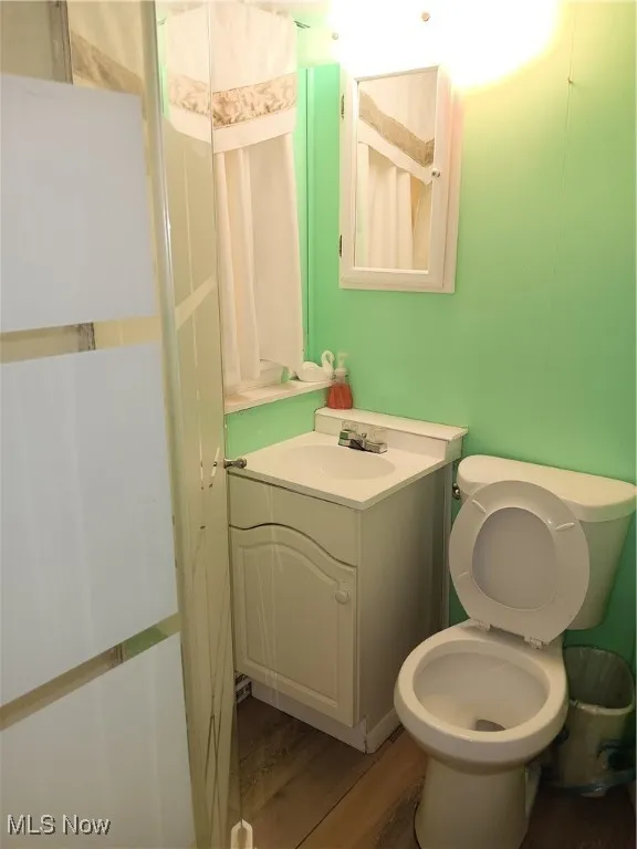 Bathroom featuring vanity, toilet, and wood finished floors