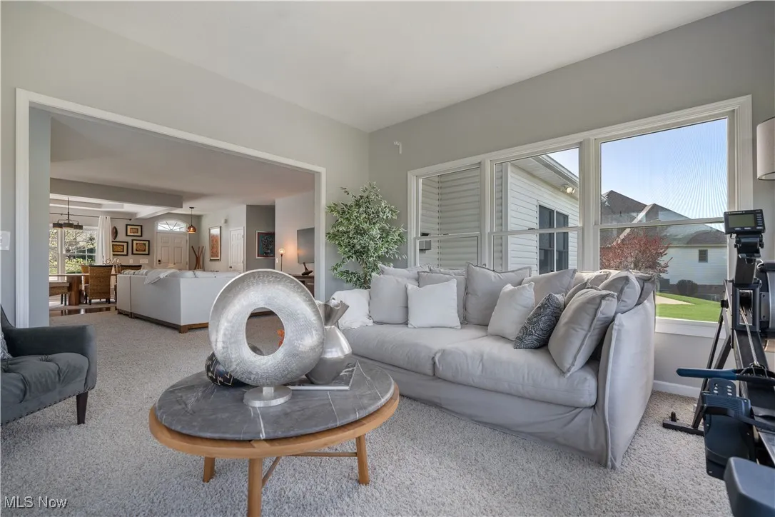 Living room with light colored carpet