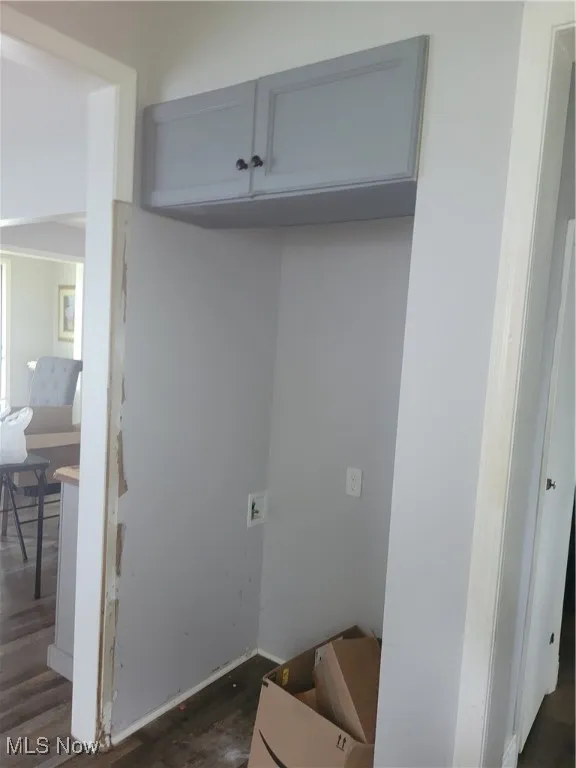 Laundry area with dark wood-type flooring