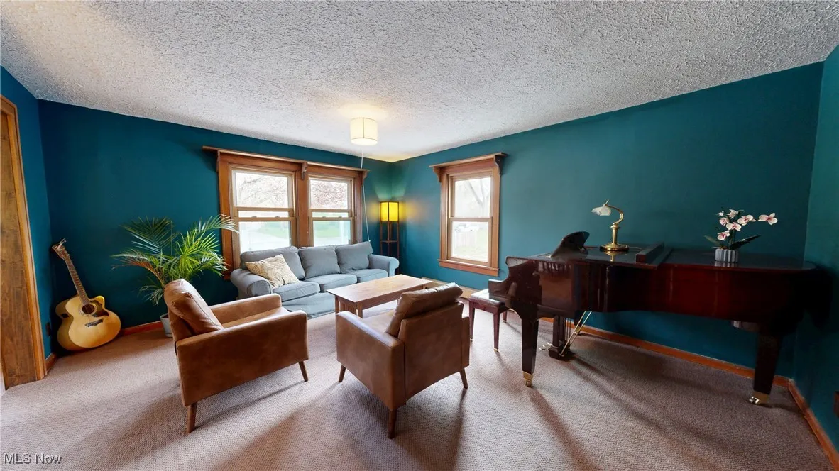 Carpeted living area with baseboards and a textured ceiling