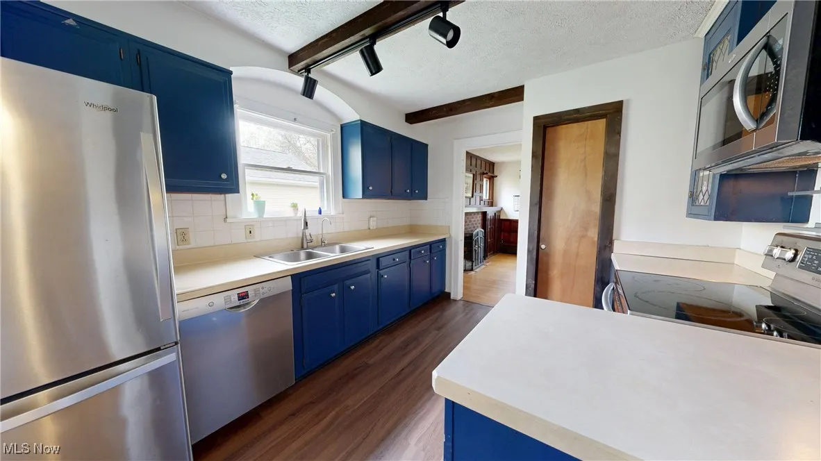 Kitchen with dark wood-style flooring, stainless steel appliances, blue cabinets, and a sink