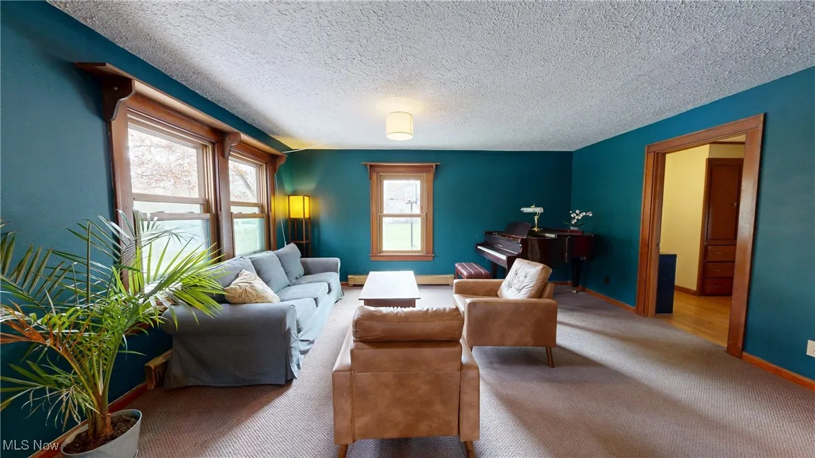 Living area with a textured ceiling, baseboard heating, carpet floors, and baseboards