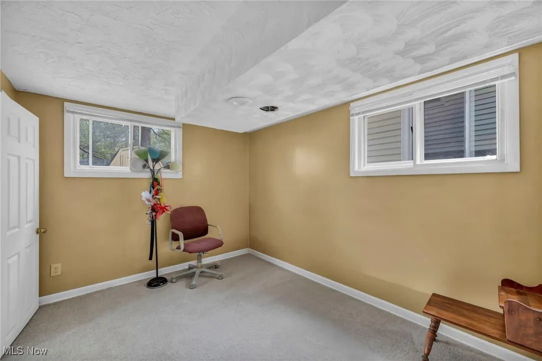 Living area with baseboards, carpet flooring, and a textured ceiling