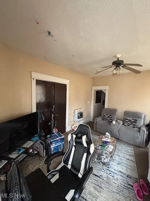 Living room featuring carpet floors, a ceiling fan, and a textured ceiling
