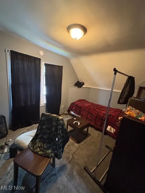 Carpeted bedroom featuring vaulted ceiling