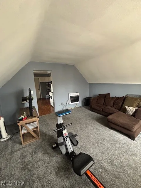 Workout room featuring vaulted ceiling, heating unit, and carpet