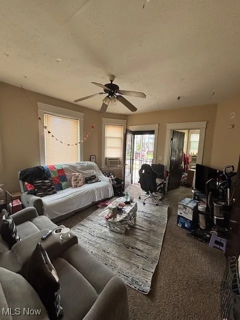 Carpeted living room featuring a ceiling fan and a textured ceiling