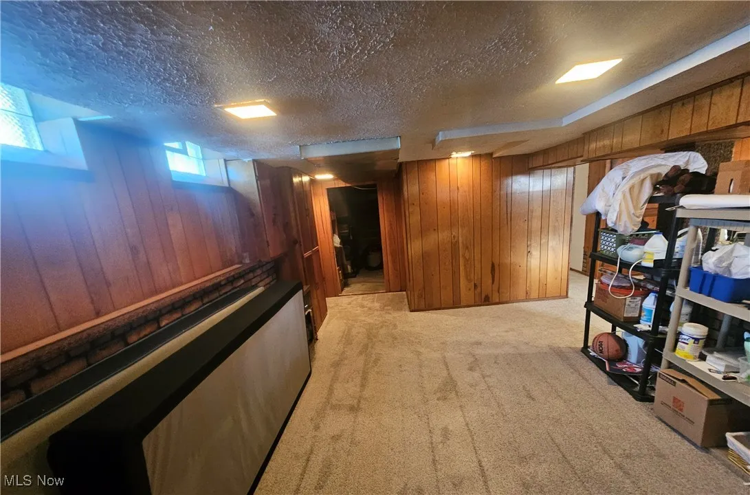 Basement featuring a textured ceiling, wooden walls, and light carpet