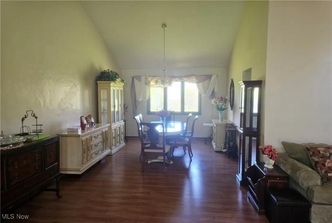 Dining room with dark wood finished floors and high vaulted ceiling