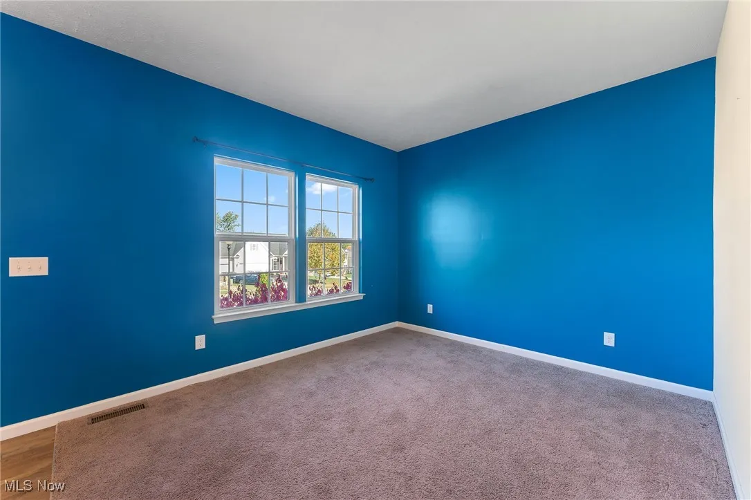 Unfurnished room featuring visible vents, baseboards, and carpet floors